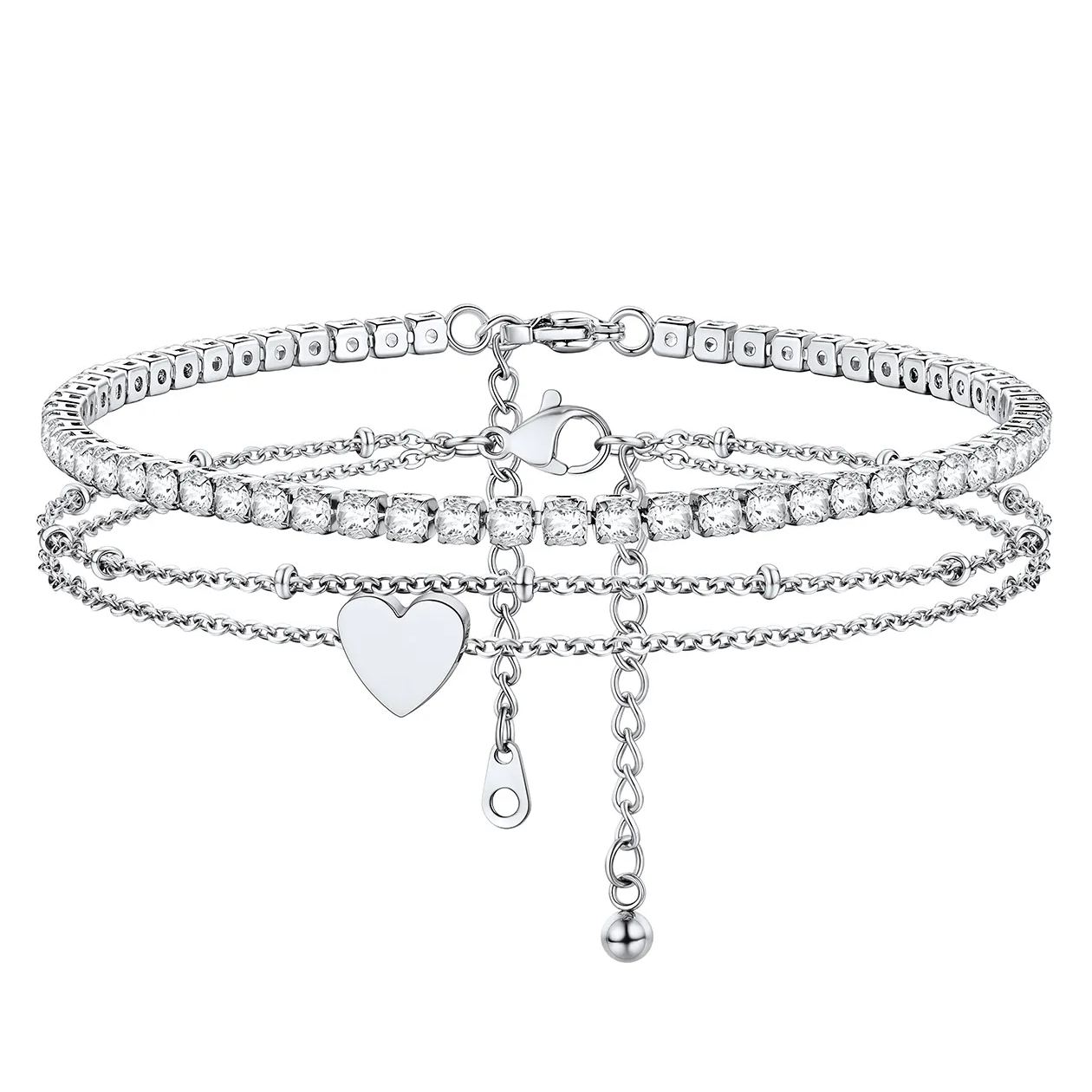 Heart Ankle Zircon Rolo Layered Anklets Set