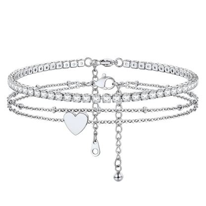 Heart Ankle Zircon Rolo Layered Anklets Set