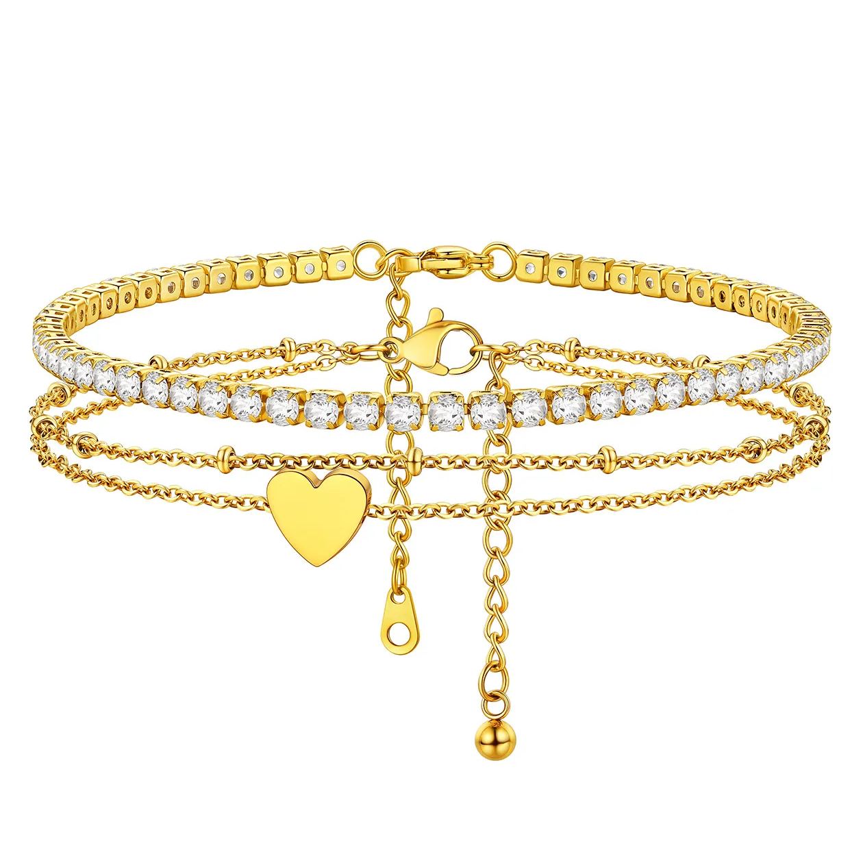 Heart Ankle Zircon Rolo Layered Anklets Set