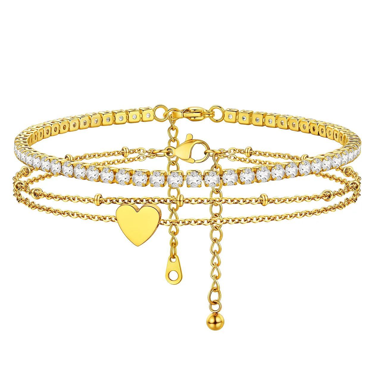 Heart Ankle Zircon Rolo Layered Anklets Set