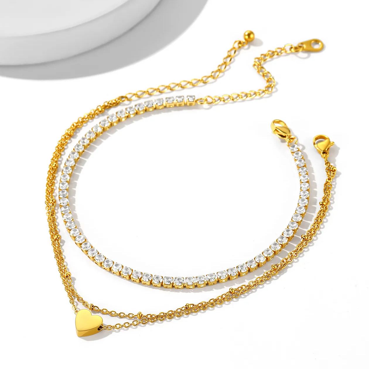 Heart Ankle Zircon Rolo Layered Anklets Set