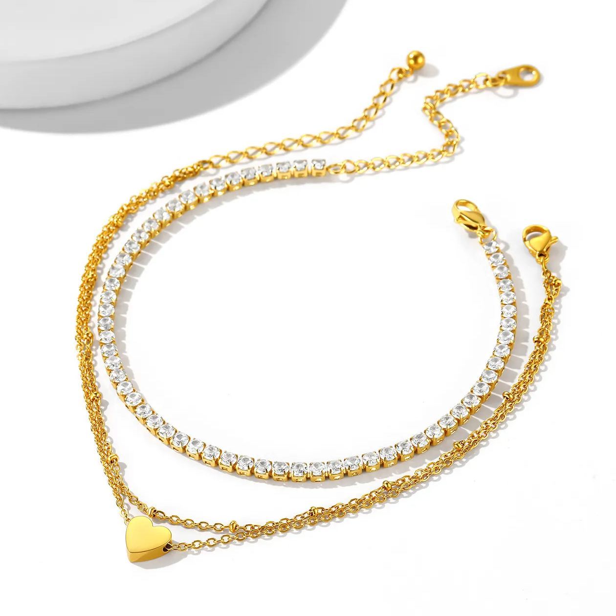 Heart Ankle Zircon Rolo Layered Anklets Set