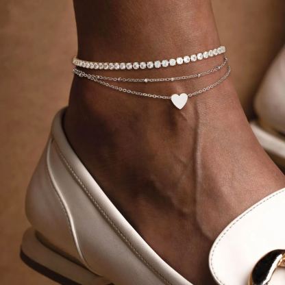 Heart Ankle Zircon Rolo Layered Anklets Set