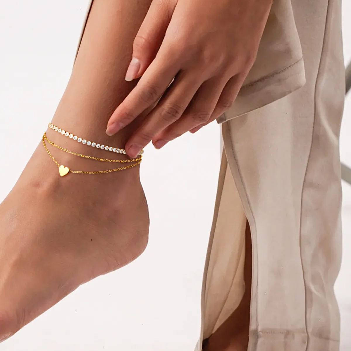 Heart Ankle Zircon Rolo Layered Anklets Set