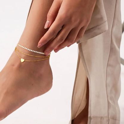 Heart Ankle Zircon Rolo Layered Anklets Set
