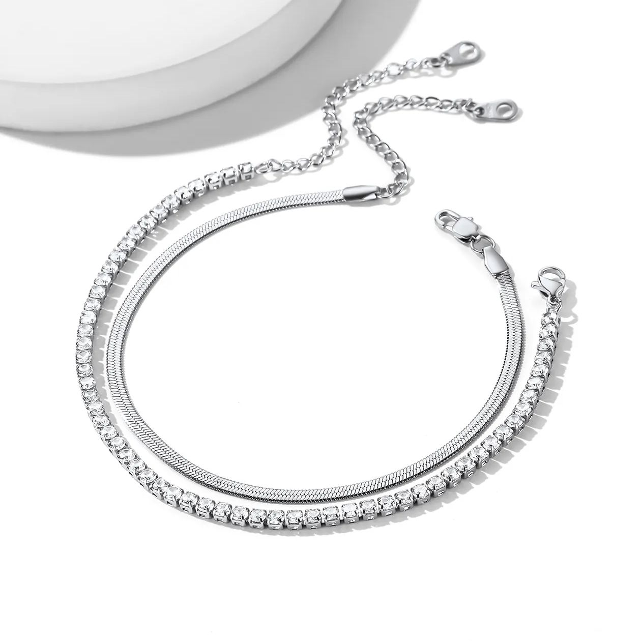 Cubic Zirconia Herringbone Link Anklets Set