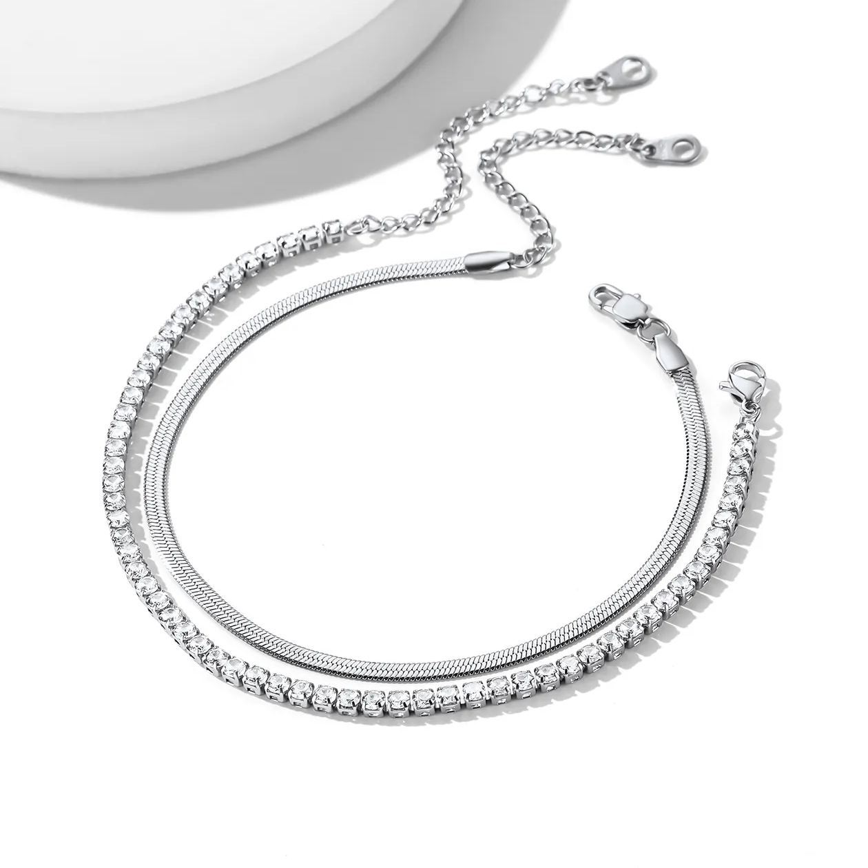 Cubic Zirconia Herringbone Link Anklets Set