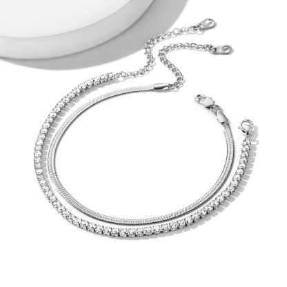 Cubic Zirconia Herringbone Link Anklets Set
