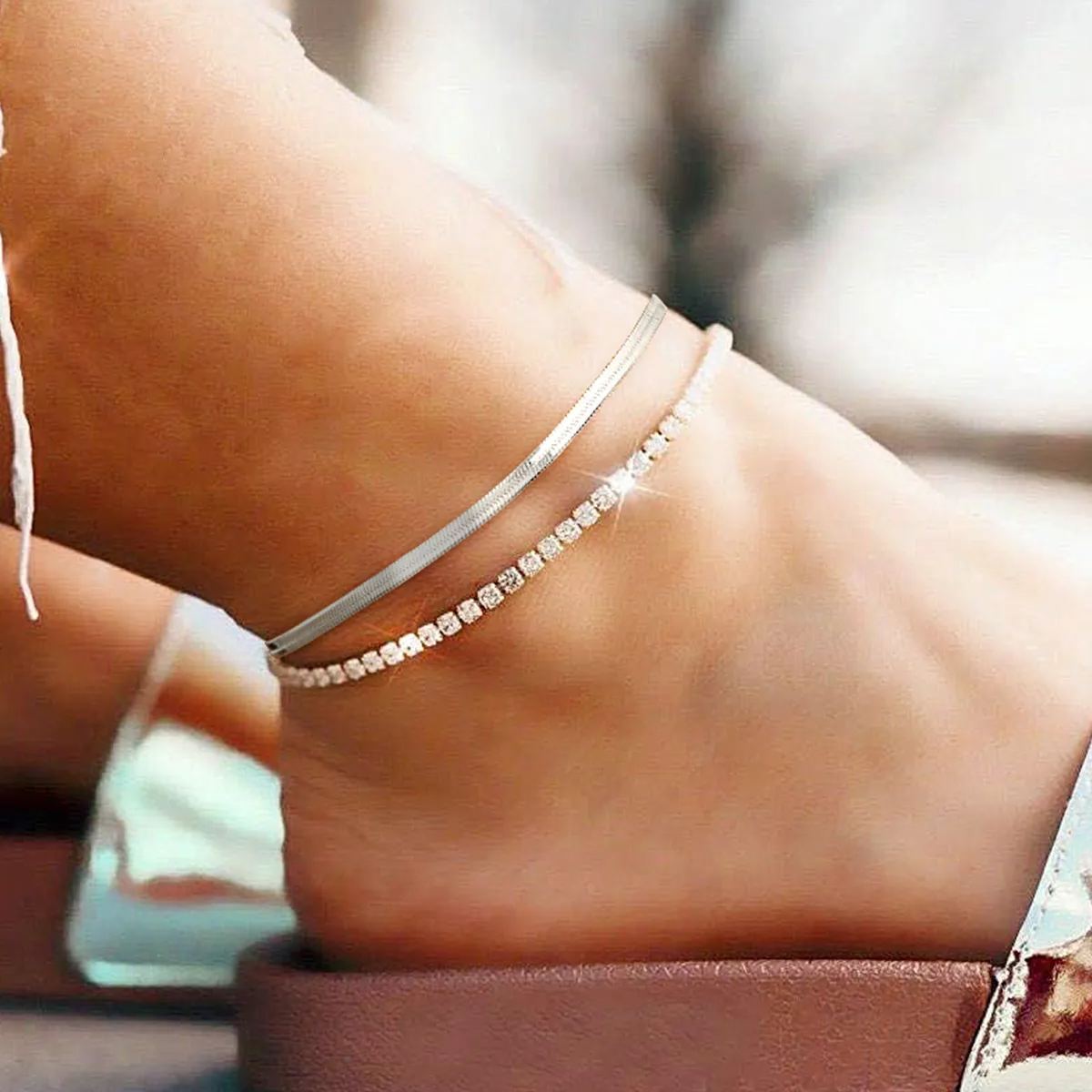 Cubic Zirconia Herringbone Link Anklets Set