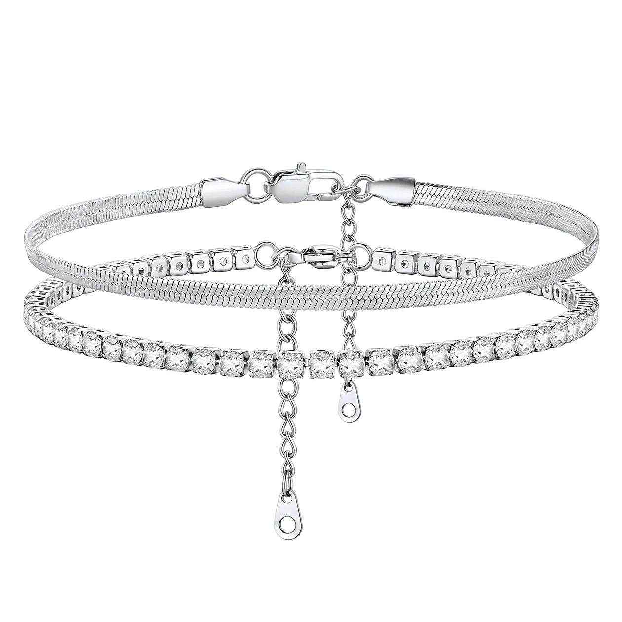 Cubic Zirconia Herringbone Link Anklets Set