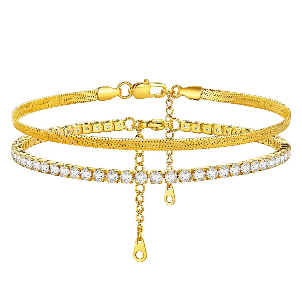 Cubic Zirconia Herringbone Link Anklets Set