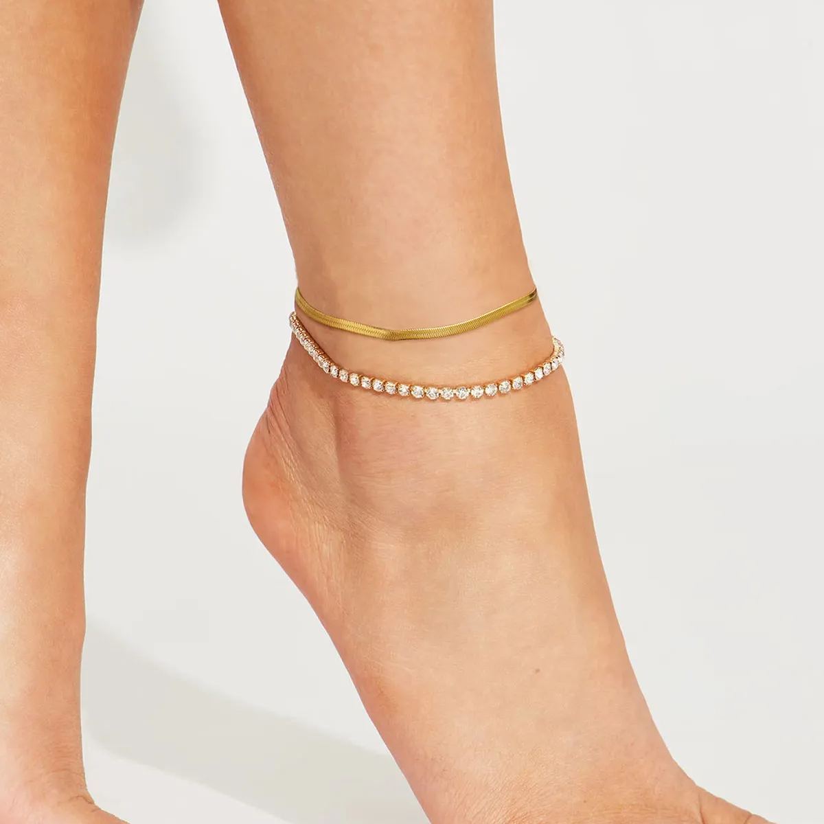 Cubic Zirconia Herringbone Link Anklets Set