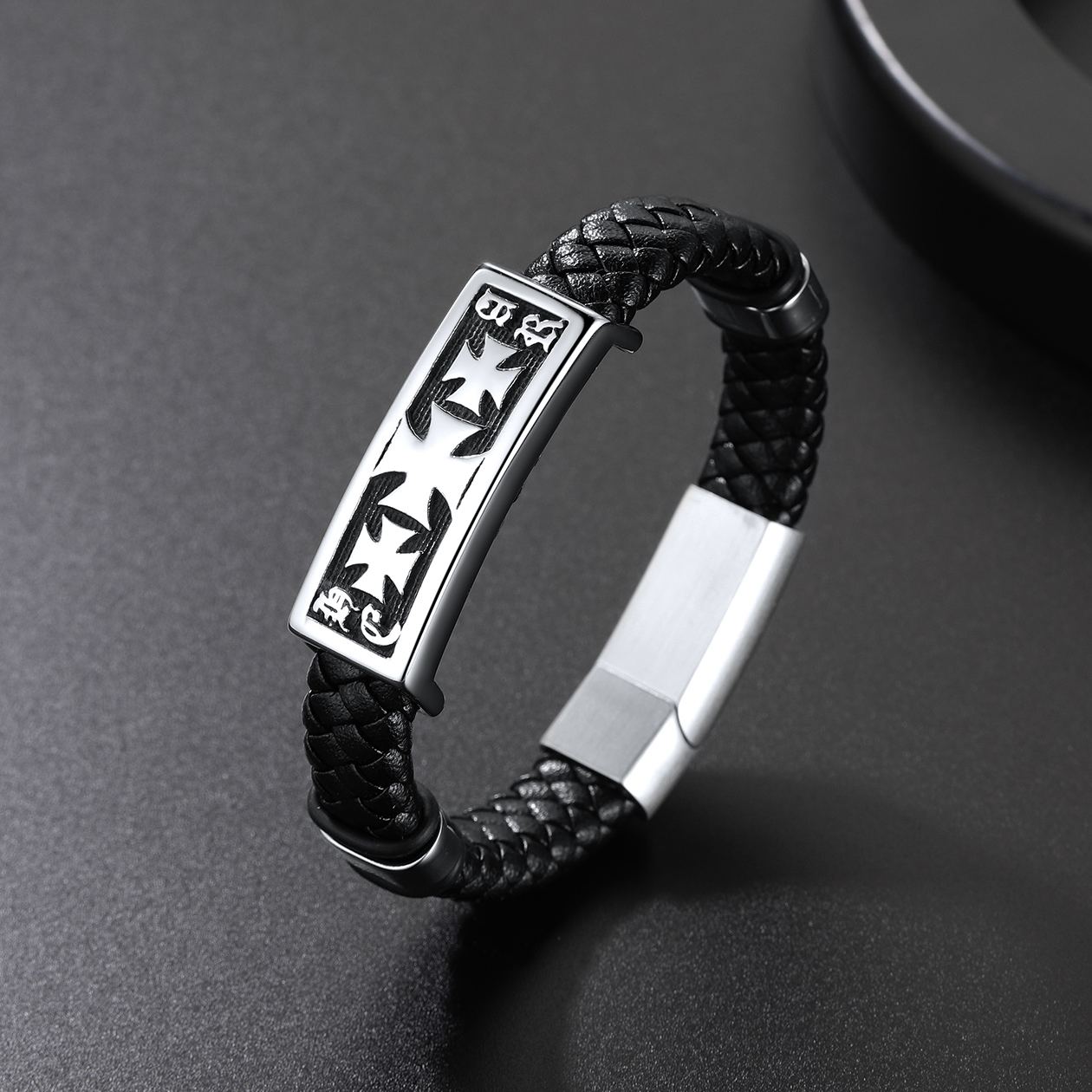 Templar Cross Leather Cord Wristband Bangle
