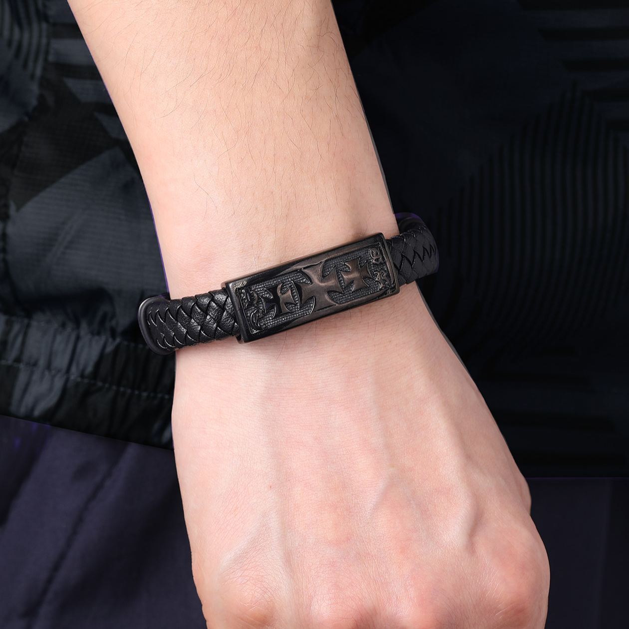 Templar Cross Leather Cord Wristband Bangle