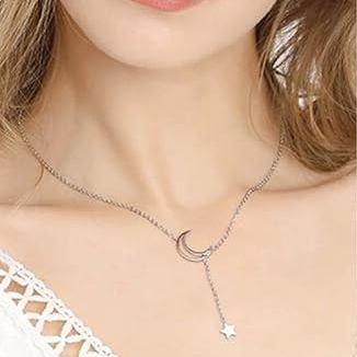 Crescent Moon Star Minimal Lariat Y Necklace