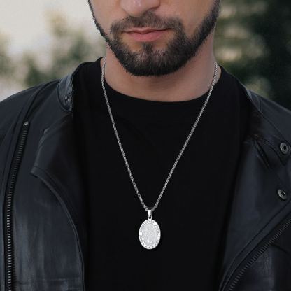 Man wearing Saint Christopher pendant necklace
