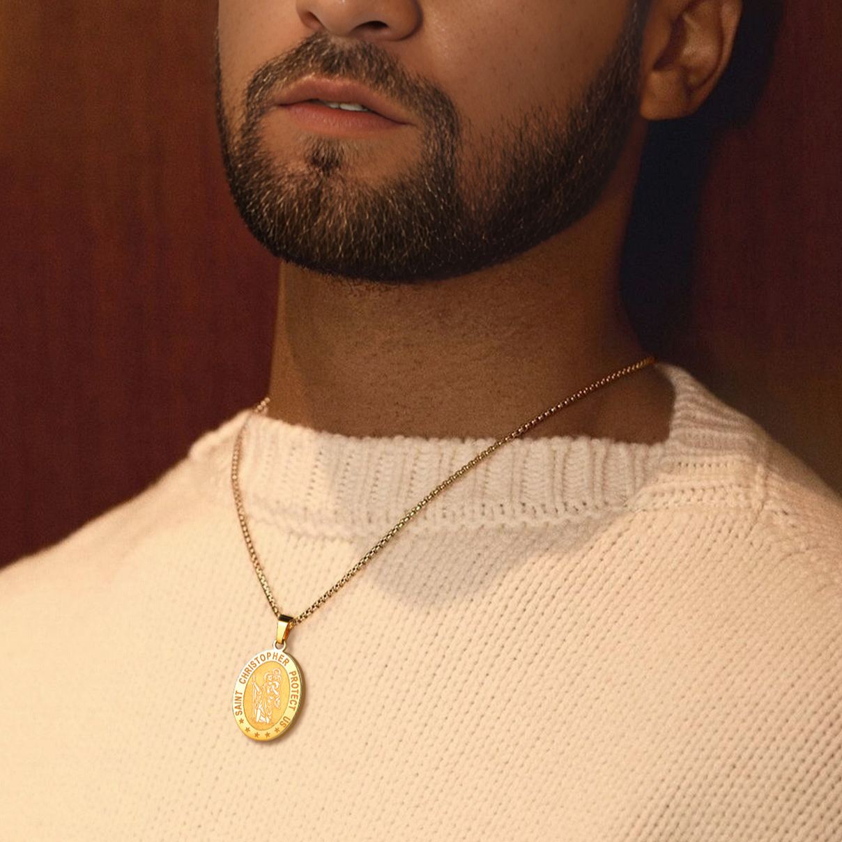 Saint Christopher necklace worn with casual outfit