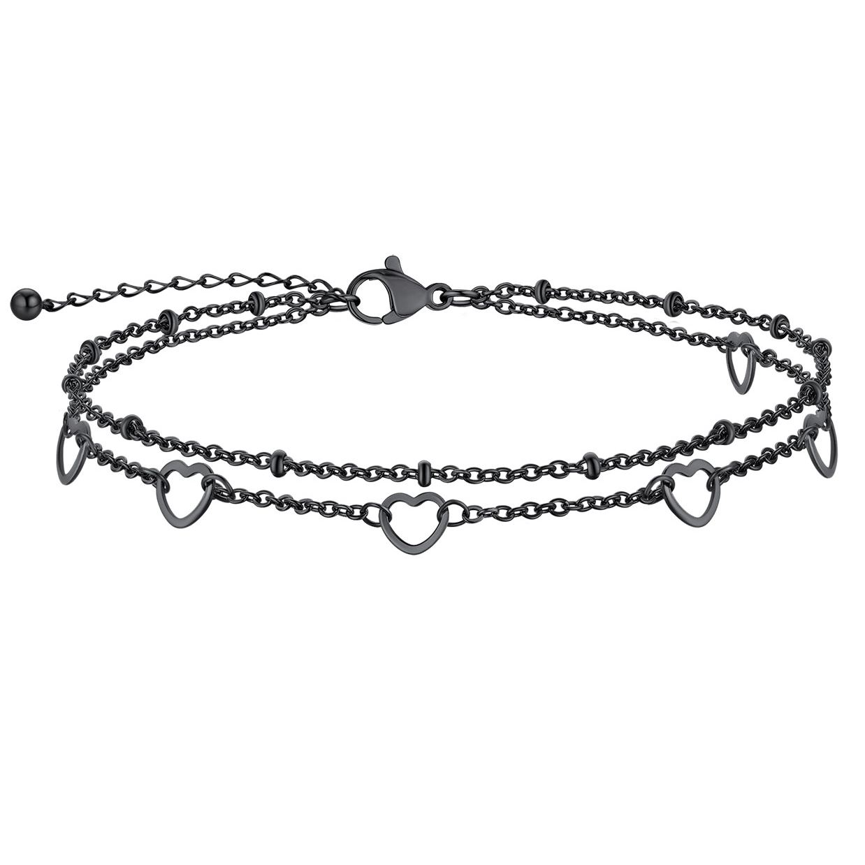 Black plated double layer heart anklet with lobster clasp white background