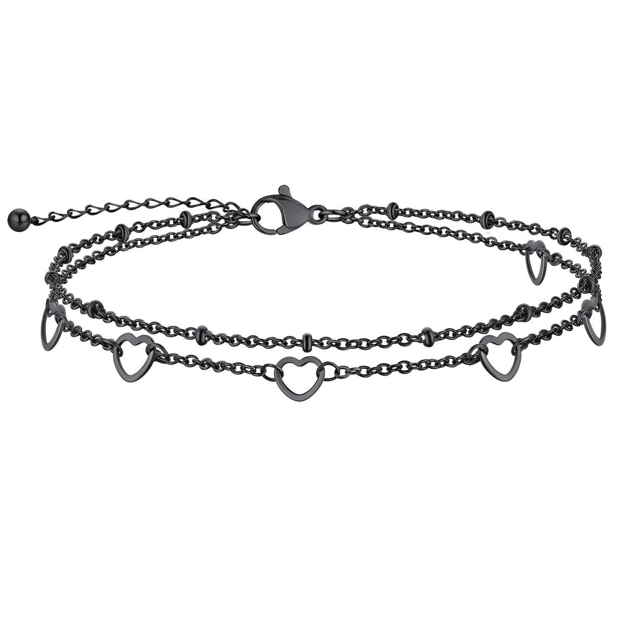 Black plated double layer heart anklet with lobster clasp white background