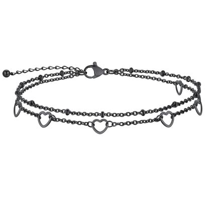 Black plated double layer heart anklet with lobster clasp white background
