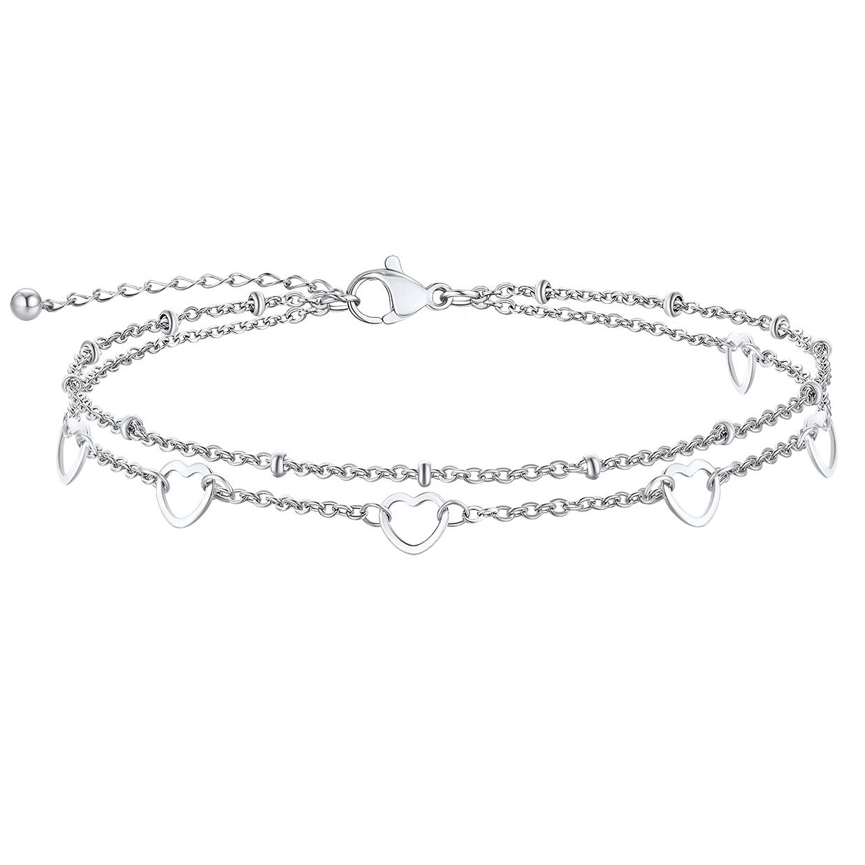 double layer heart anklet with lobster clasp white background