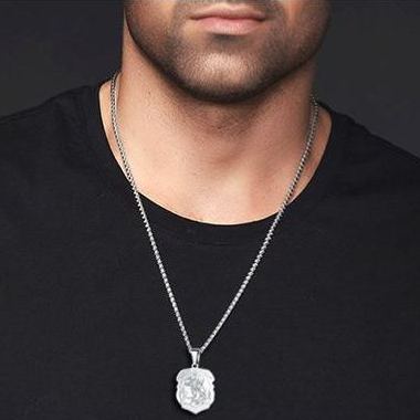 Men wearing stainless steel Saint Michael Archangel Shield Pendant