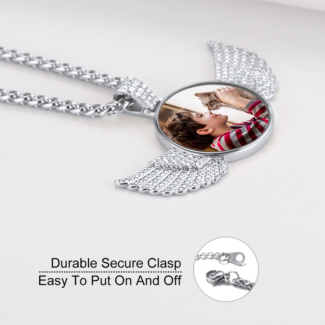 Personalized  Photo Necklace Angel Wing Circle Chain with Picture