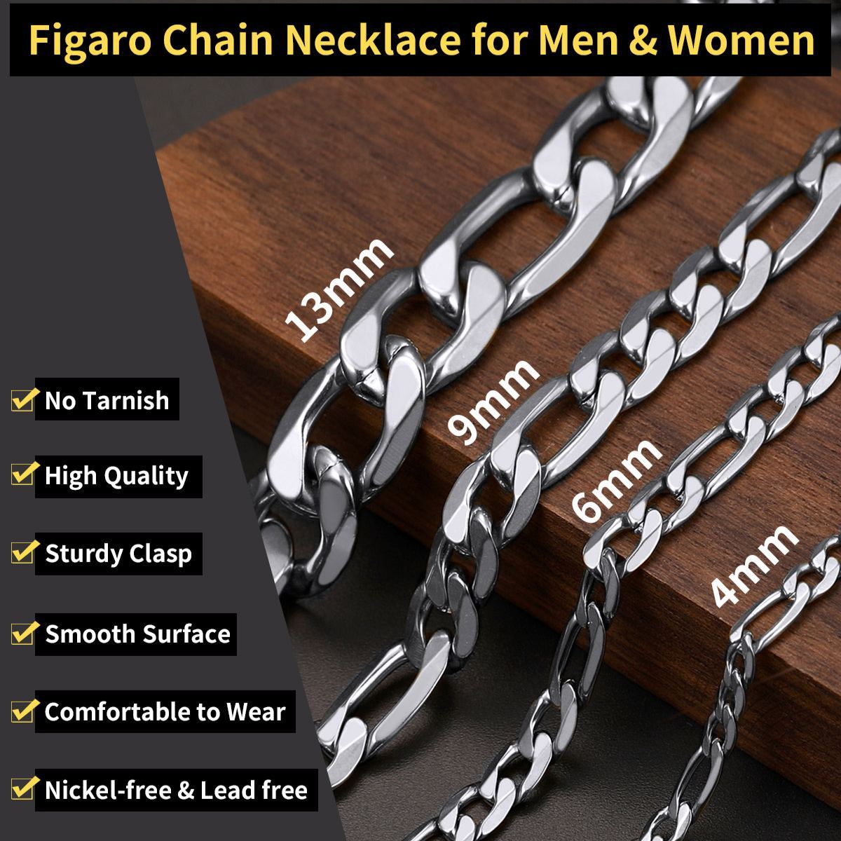 4/6/9/13mm Figaro Cuban Link Chain Necklace for Men & Women