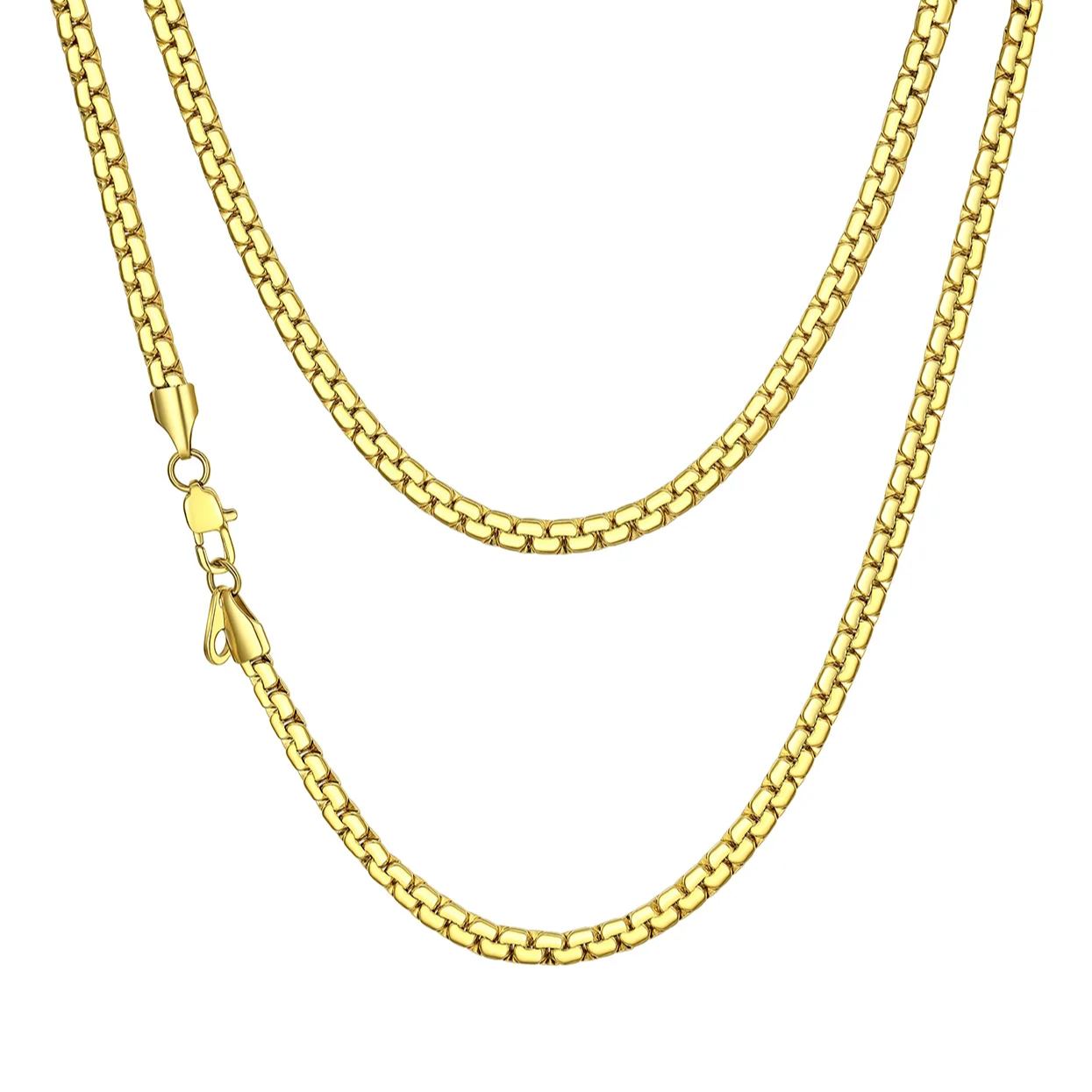 4mm Gold Flat Box Chain Necklace for Men & Women