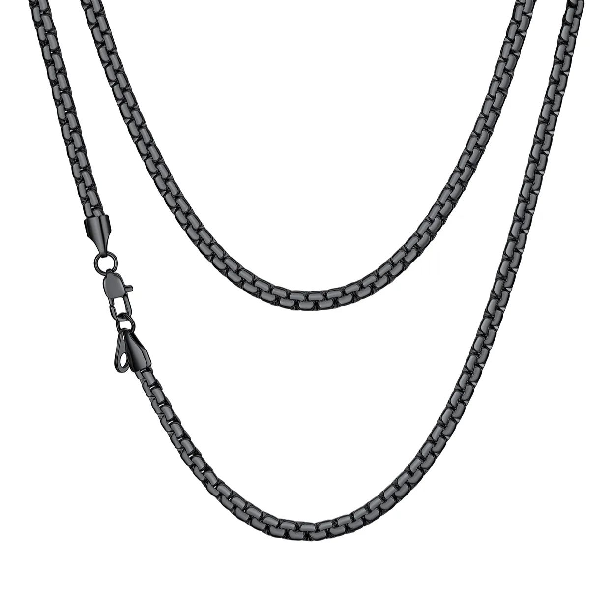 4mm Black Flat Box Chain Necklace for Men & Women