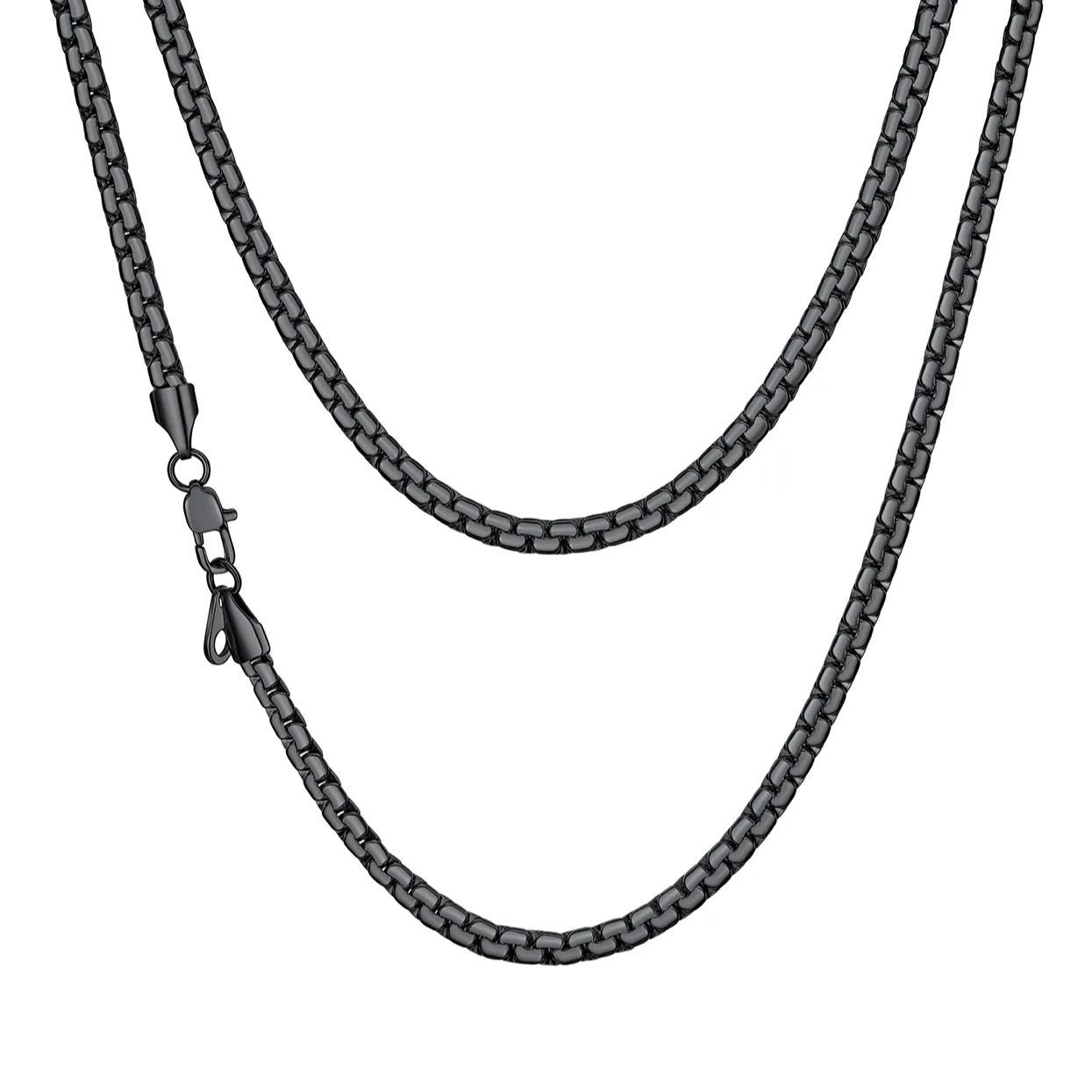 4mm Black Flat Box Chain Necklace for Men & Women