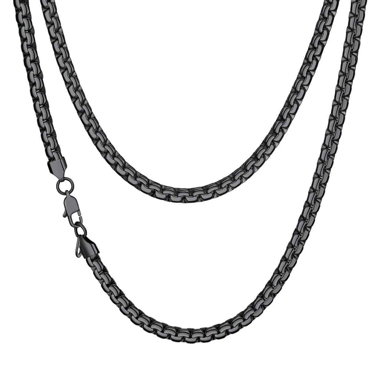 6mm Black Flat Box Chain Necklace for Men & Women