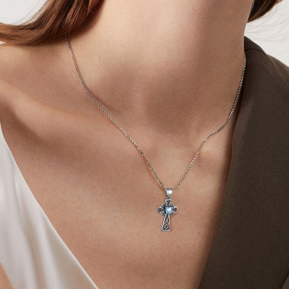 Silver Birthstone Cross Pendant Necklace for Women MODEL