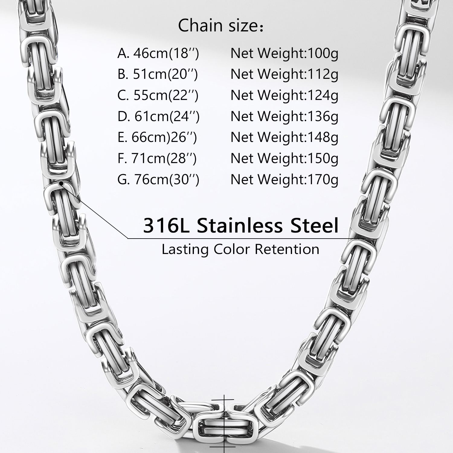 8mm Stainless Steel  Byzantine Chain Necklace