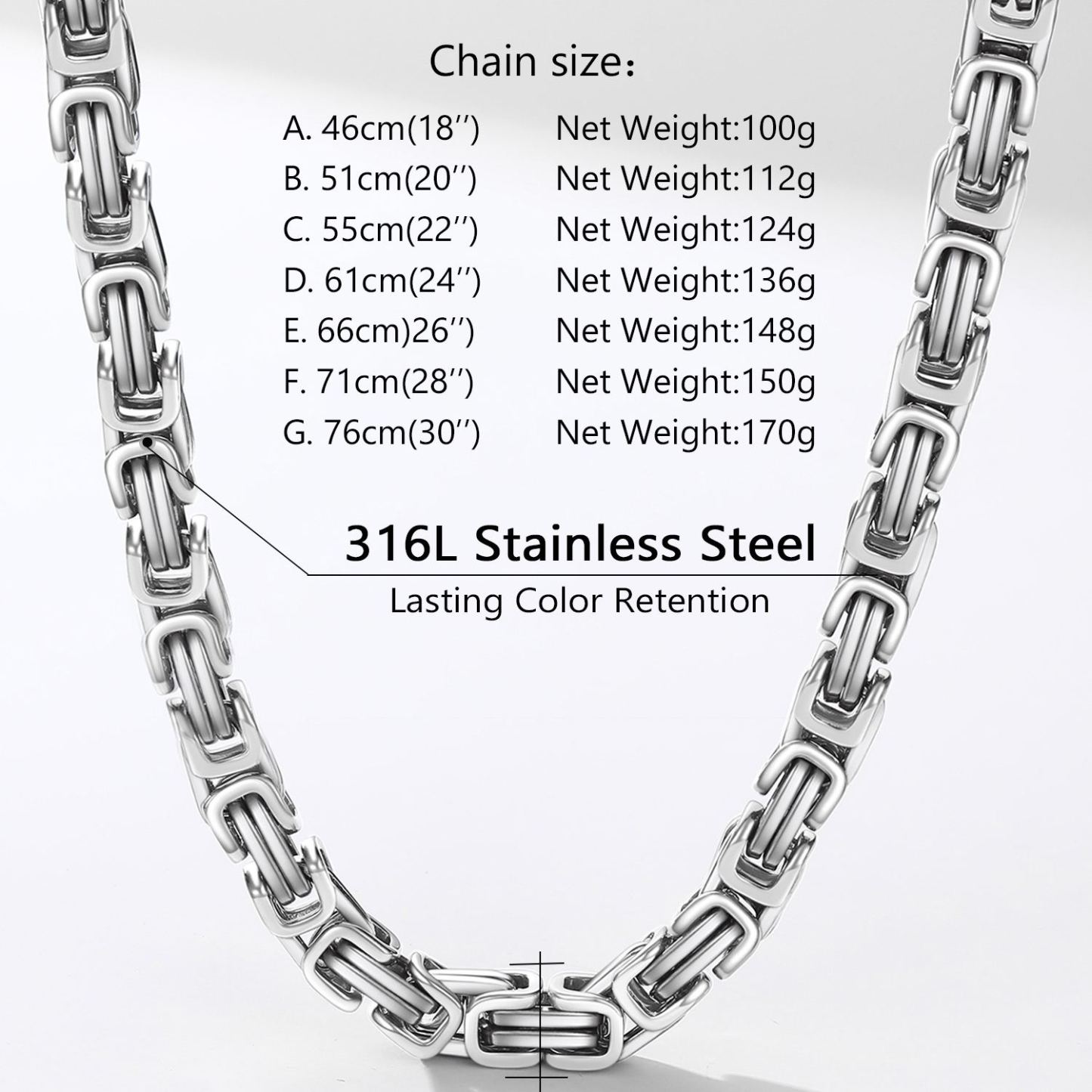 8mm Stainless Steel  Byzantine Chain Necklace