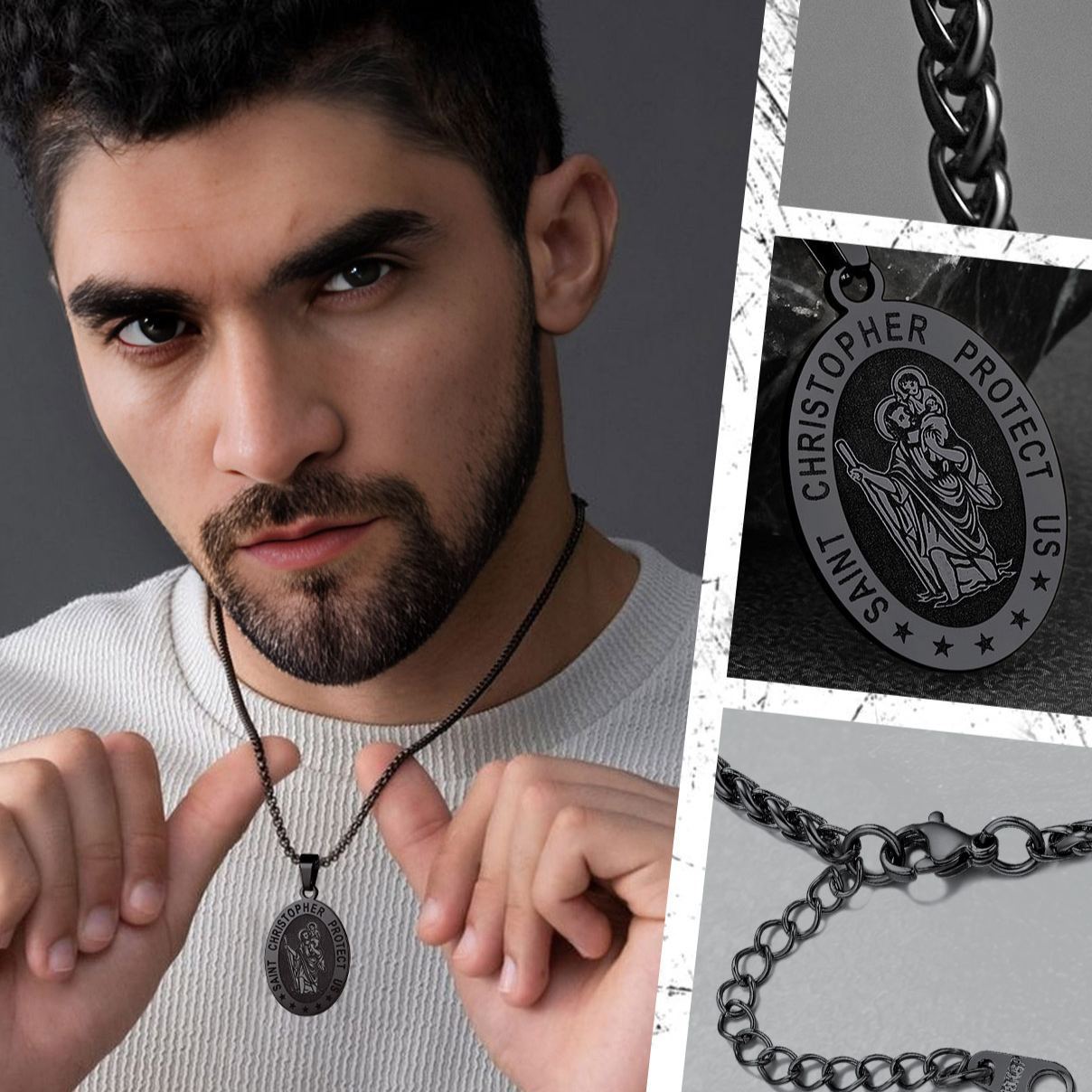 St Christopher necklace for men, stainless steel religious pendant necklace with chain, lifestyle and detail views