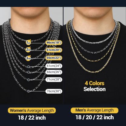 Square Byzantine chain necklace size guide showing different chain lengths