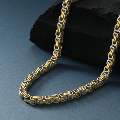 Gold Steel Byzantine chain necklace close up stainless steel