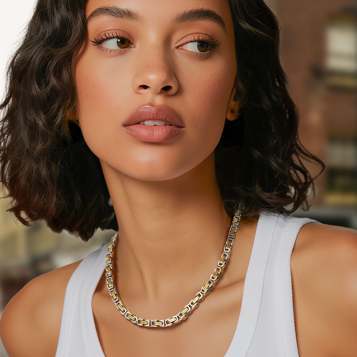 Women wearing 6mm 18inch Byzantine chain necklace