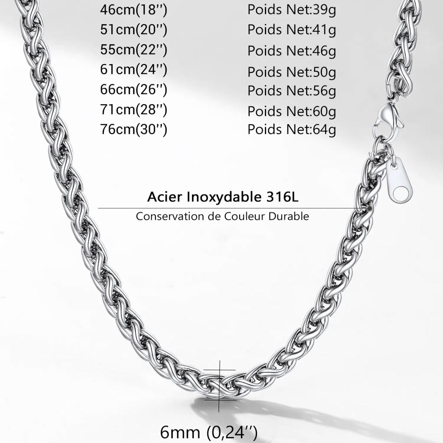 Stainless steel rope chain necklace size chart
