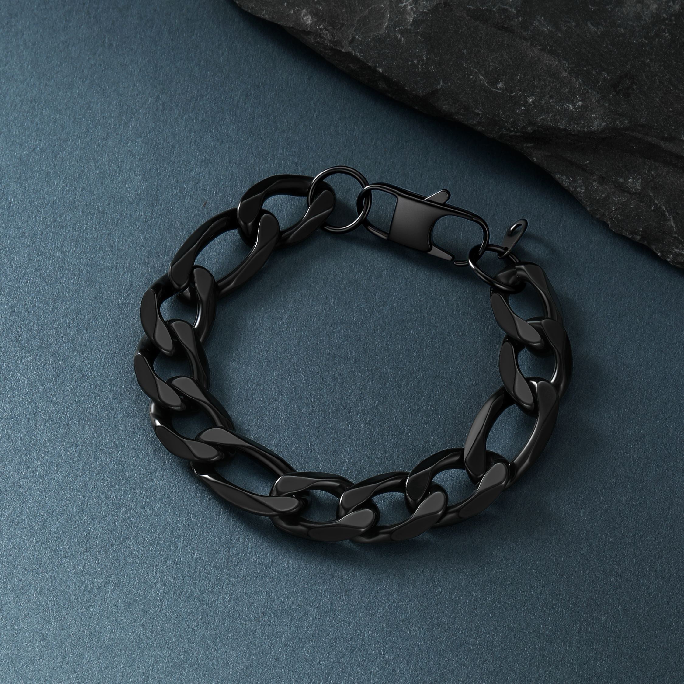 Black plated figaro chain bracelet for men, 13mm stainless steel polished links