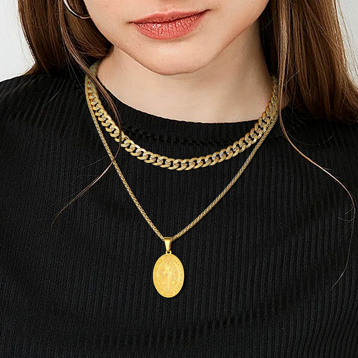 Gold St Benedict Pendant Necklace Layered Chain Women Fashion Jewelry