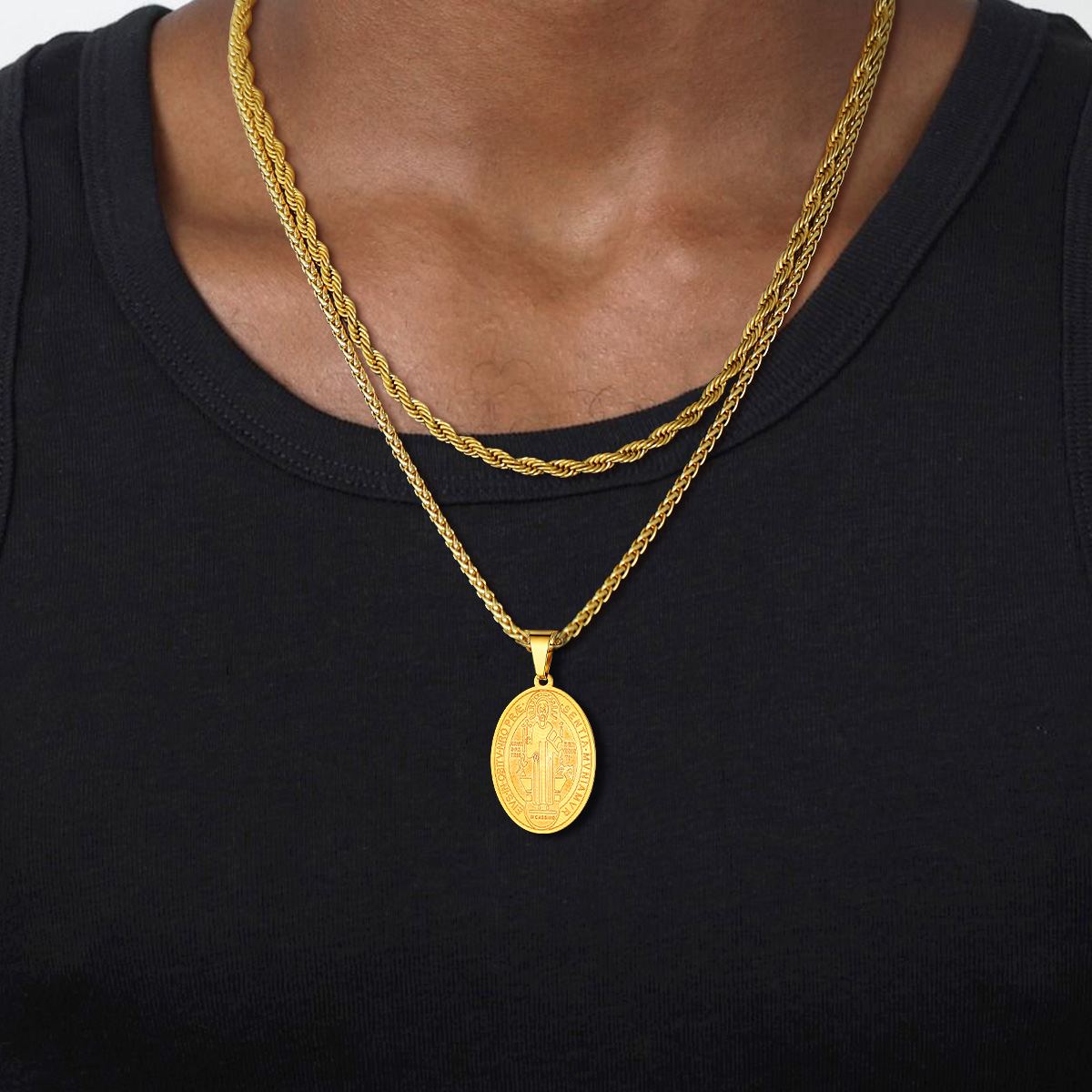 Gold St Benedict Necklace on Model Black Tank Top Men Jewelry