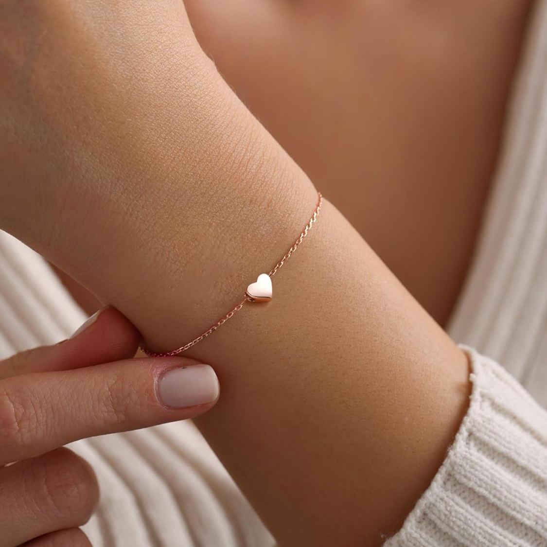 Classic Rose Gold Heart Link Chain Bracelet  for Women, sterling silver jewlery, gift idea, sterling silver bracelets