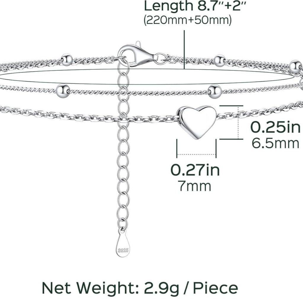 Layered Heart Anklet With Mini Beaded, sterling silver jewlery, silver anklets for women,  gift idea, Size
