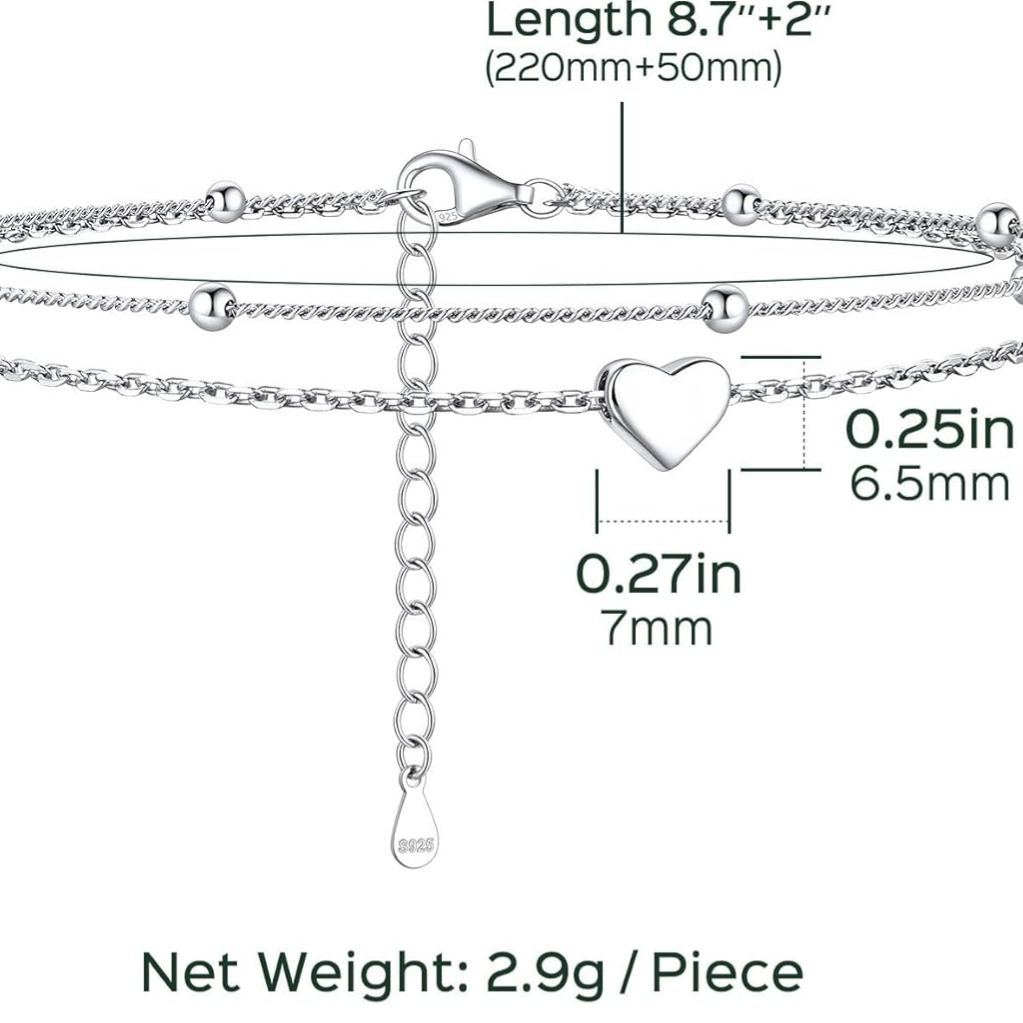 Layered Heart Anklet With Mini Beaded, sterling silver jewlery, silver anklets for women,  gift idea, Size