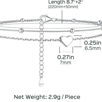 Layered Heart Anklet With Mini Beaded, sterling silver jewlery, silver anklets for women,  gift idea, Size