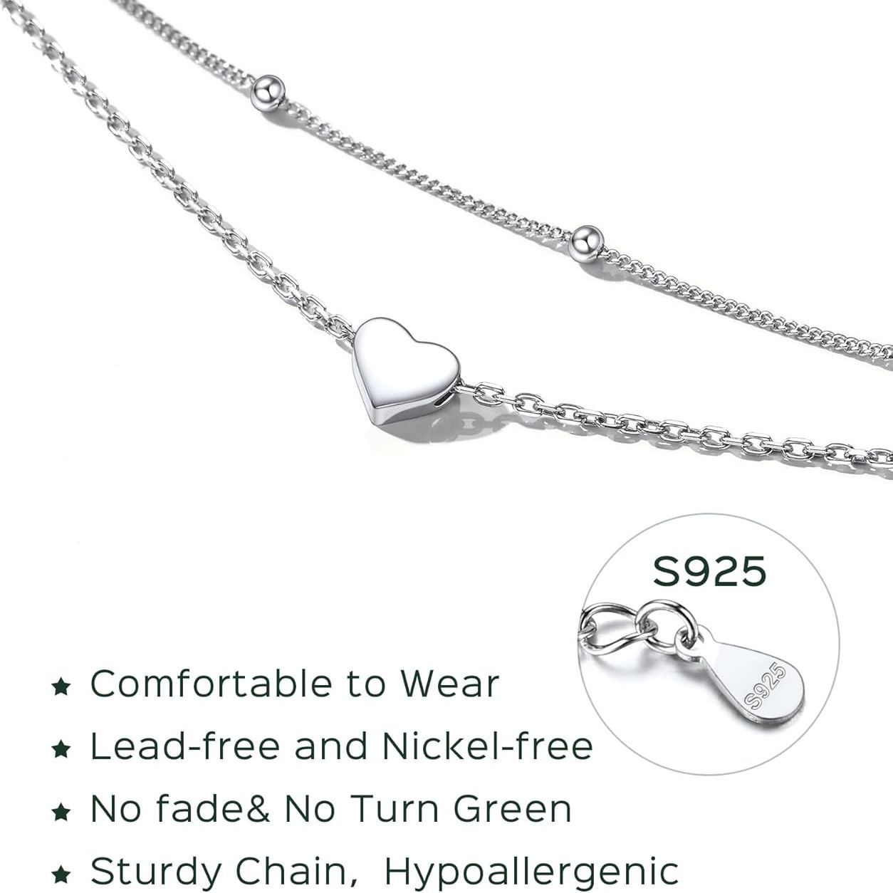 Layered Heart Anklet With Mini Beaded, sterling silver jewlery, silver anklets for women,  gift idea, heart jewelry
