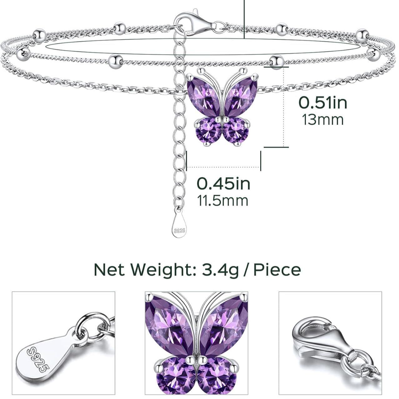 Adjustable Layered Butterfly Birthstone Anklet Details: Dimensions, Hypoallergenic, Lobster-Claw-Clasps
