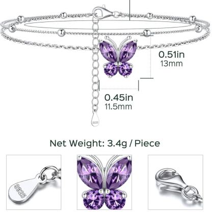 Adjustable Layered Butterfly Birthstone Anklet Details: Dimensions, Hypoallergenic, Lobster-Claw-Clasps